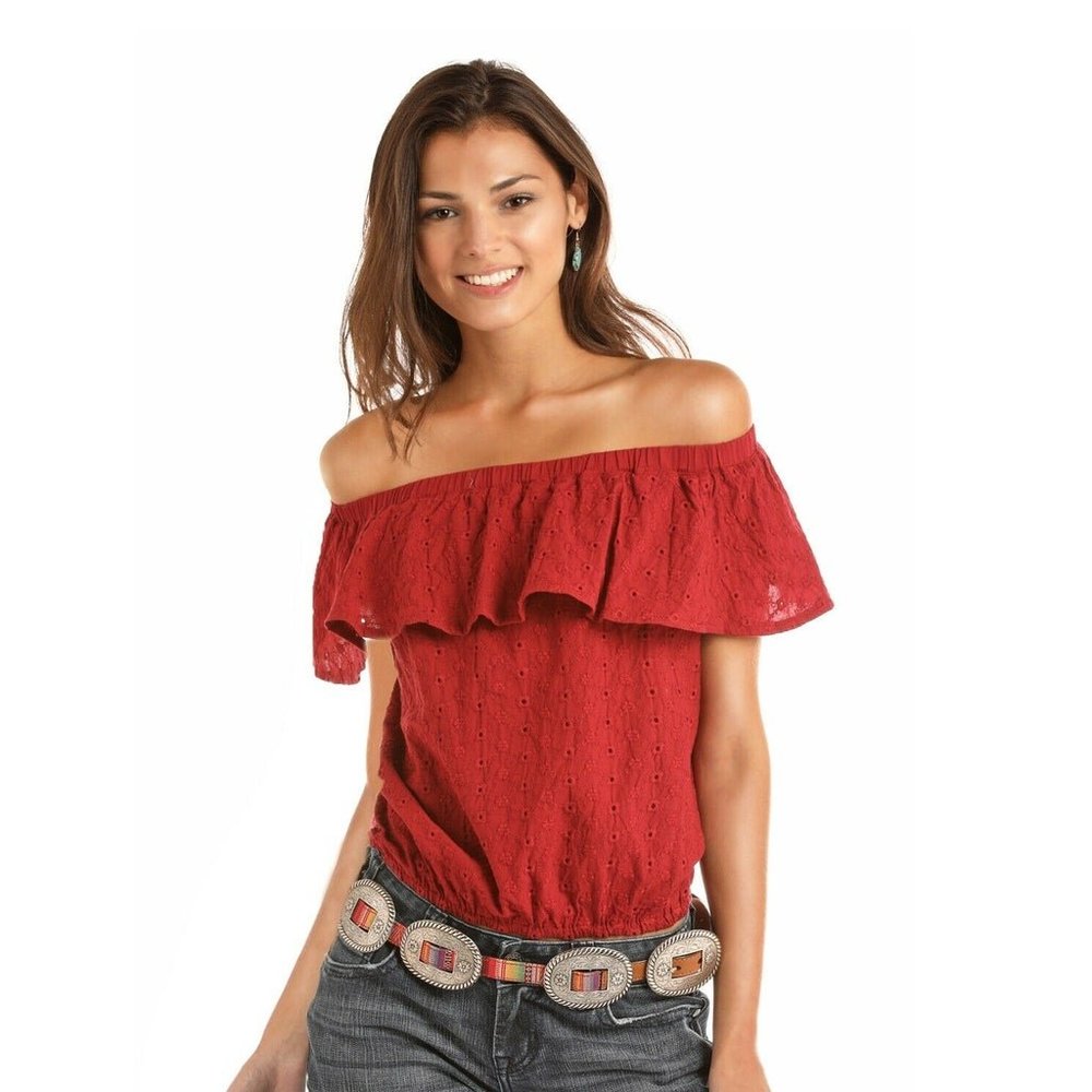 Rock & Roll Cowgirl red off-the-shoulder eyelet top